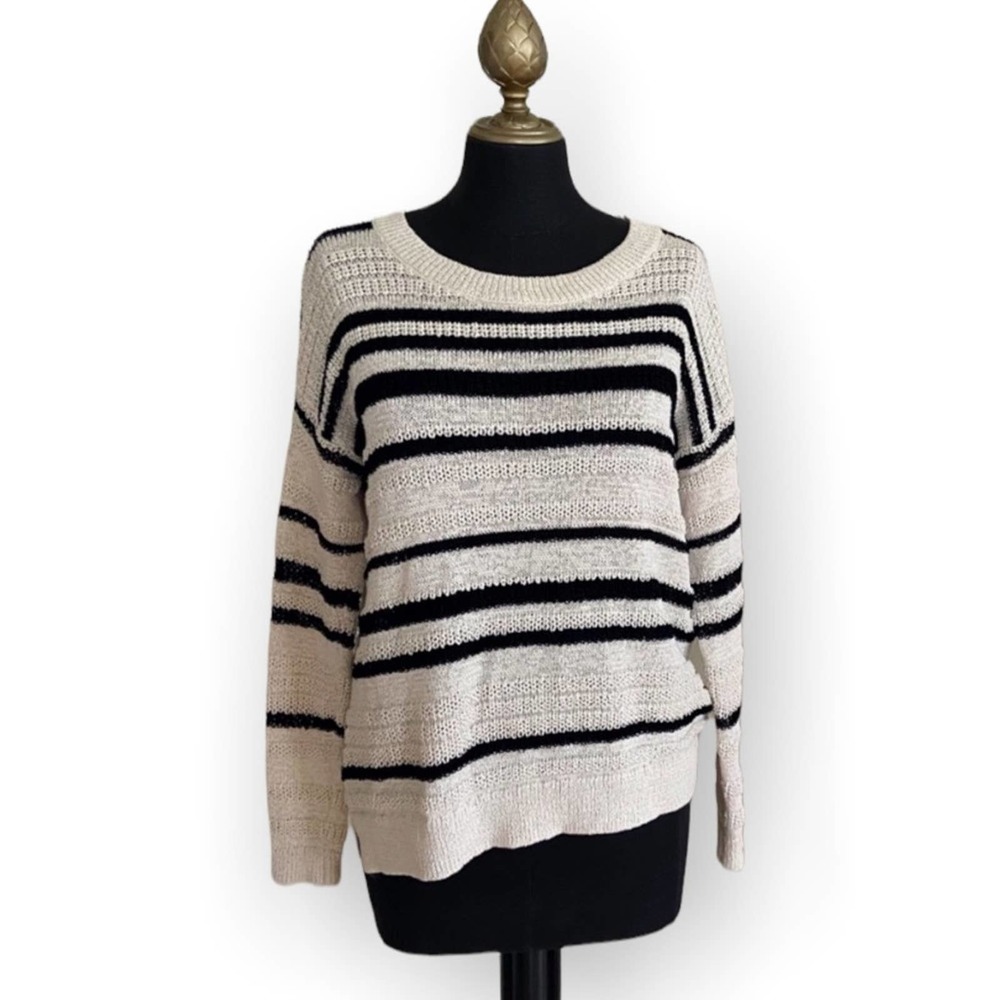 Lou & Grey Knit Long Sleeve Sweater Striped Cream Black Size Small